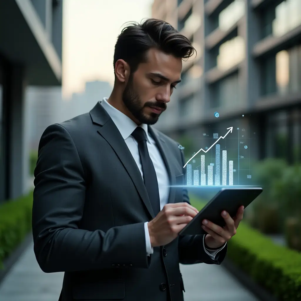 (Ultra-realistic condominium manager in a charcoal gray tailored suit, set in a modern luxury condominium environment with high-rise buildings and manicured green landscaping, examining a tablet projecting a holographic pie chart, descending bar graph and coin icons symbolizing cost reduction, confident and focused expression, cinematic lighting, shallow depth of field, highly detailed textures, realistic skin, photographic realism, 8k resolution --ar 1:1 --v 6)