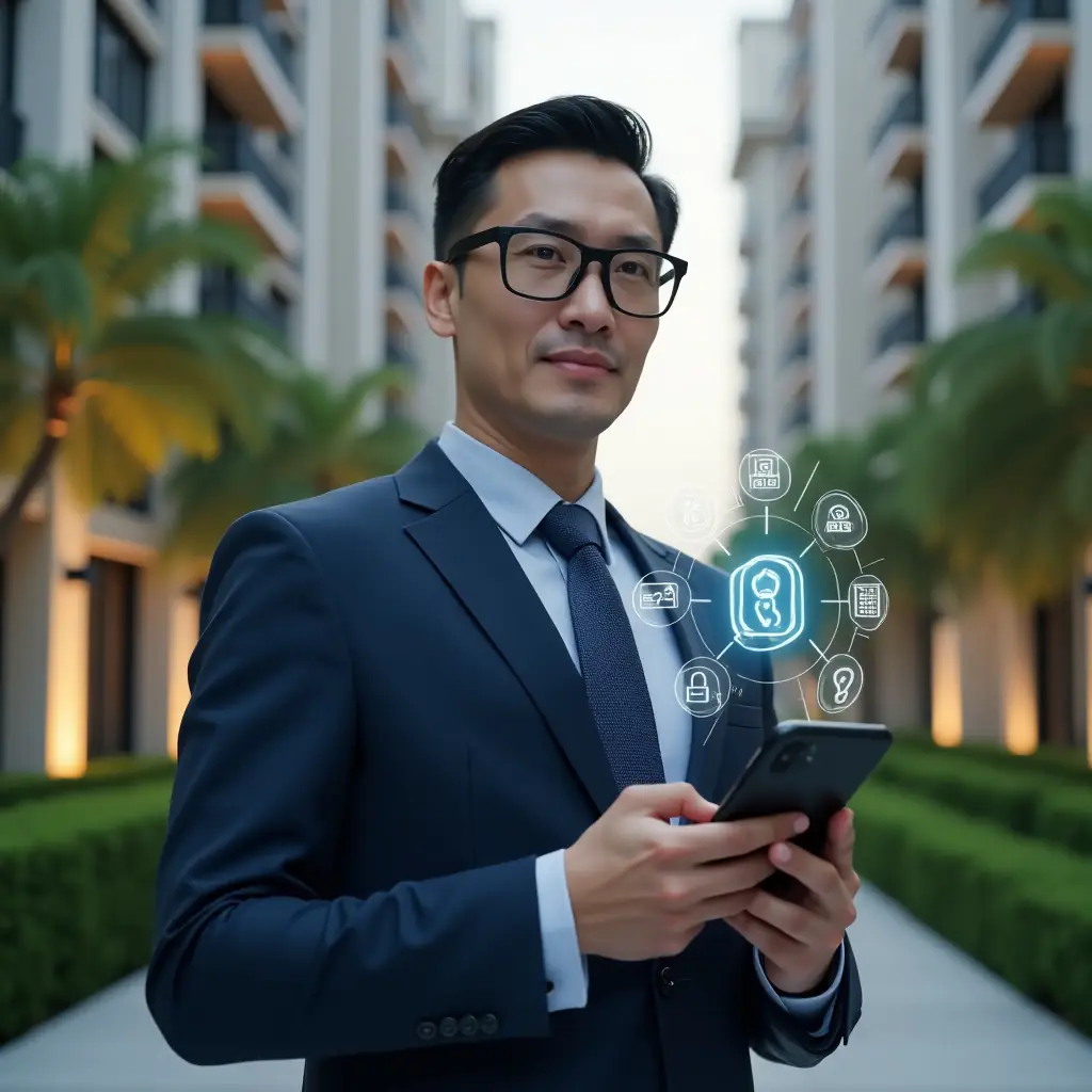 Ultra-realistic condominium manager in a navy executive suit, set in a modern luxury condominium environment with high-rise buildings and manicured green landscaping, confidently holding a smartphone displaying holographic icons for messaging, financial charts, security locks and booking calendar, cinematic lighting, shallow depth of field, highly detailed textures, realistic skin, photographic realism, 8k resolution --ar 1:1 --v 6