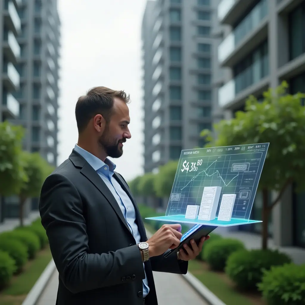 Ultra-realistic condo manager in a charcoal gray suit, set in a modern luxury condominium environment with high-rise buildings and lush green landscaping, medium shot of a confident professional holding a tablet and pointing at a floating holographic bar chart showing cost reductions, a semi-transparent blueprint and coin icons hovering nearby, cinematic lighting, shallow depth of field, highly detailed textures, realistic skin, photographic realism, 8k resolution --ar 1:1 --v 6