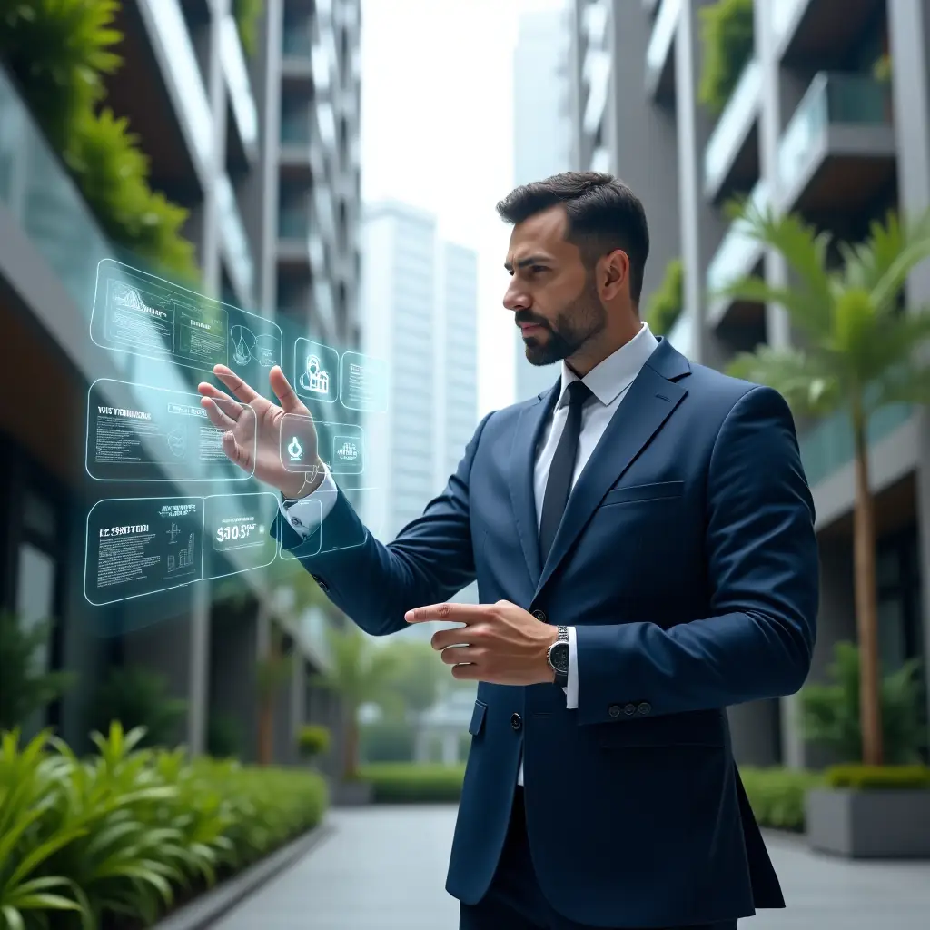 (Ultra-realistic property manager in a navy suit, set in a modern luxury condominium environment with high-rise buildings and lush green landscaping, medium shot of the manager confidently interacting with a holographic dashboard displaying charts, gears and cost-saving icons, cinematic lighting, shallow depth of field, highly detailed textures, realistic skin, photographic realism, 8k resolution --ar 1:1 --v 6)