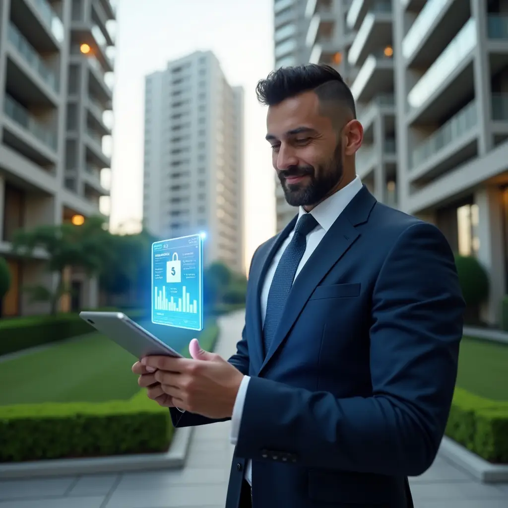 (Ultra-realistic condominium manager in a navy executive suit, set in a modern luxury condominium environment with high-rise buildings and manicured green landscaping, holding a tablet and examining a floating holographic condominium management dashboard, confident and satisfied expression, glowing app icon symbolizing streamlined operations, cinematic lighting, shallow depth of field, highly detailed textures, realistic skin, photographic realism, 8k resolution --ar 1:1 --v 6)