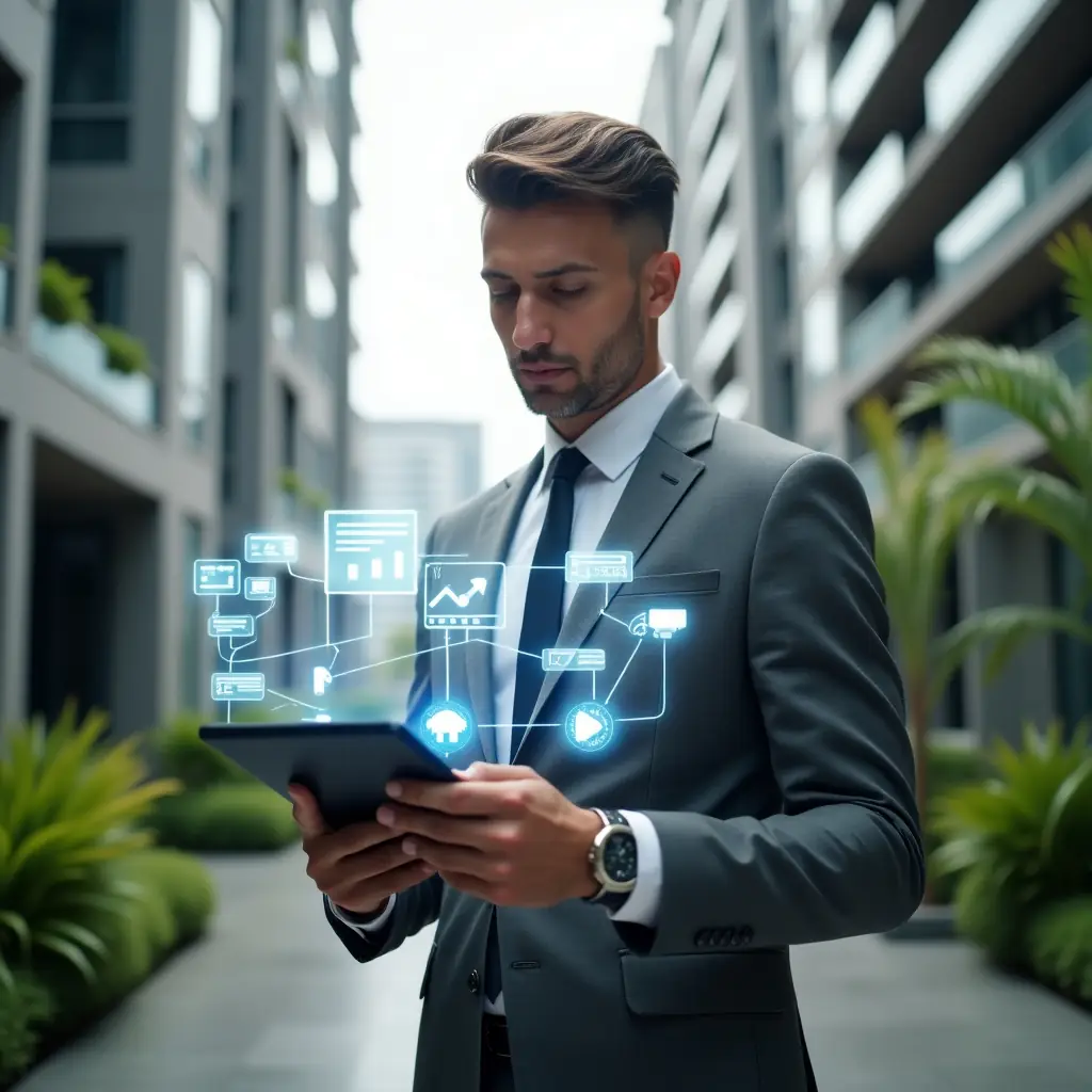 (Ultra-realistic condominium manager in a tailored gray suit, set in a modern luxury condominium environment with high-rise buildings and manicured green landscaping, holding a tablet and interacting with floating holographic icons of financial charts, chat bubbles, security cameras and booking calendars, confident and focused expression, cinematic lighting, shallow depth of field, highly detailed textures, realistic skin, photographic realism, 8k resolution --ar 1:1 --v 6)