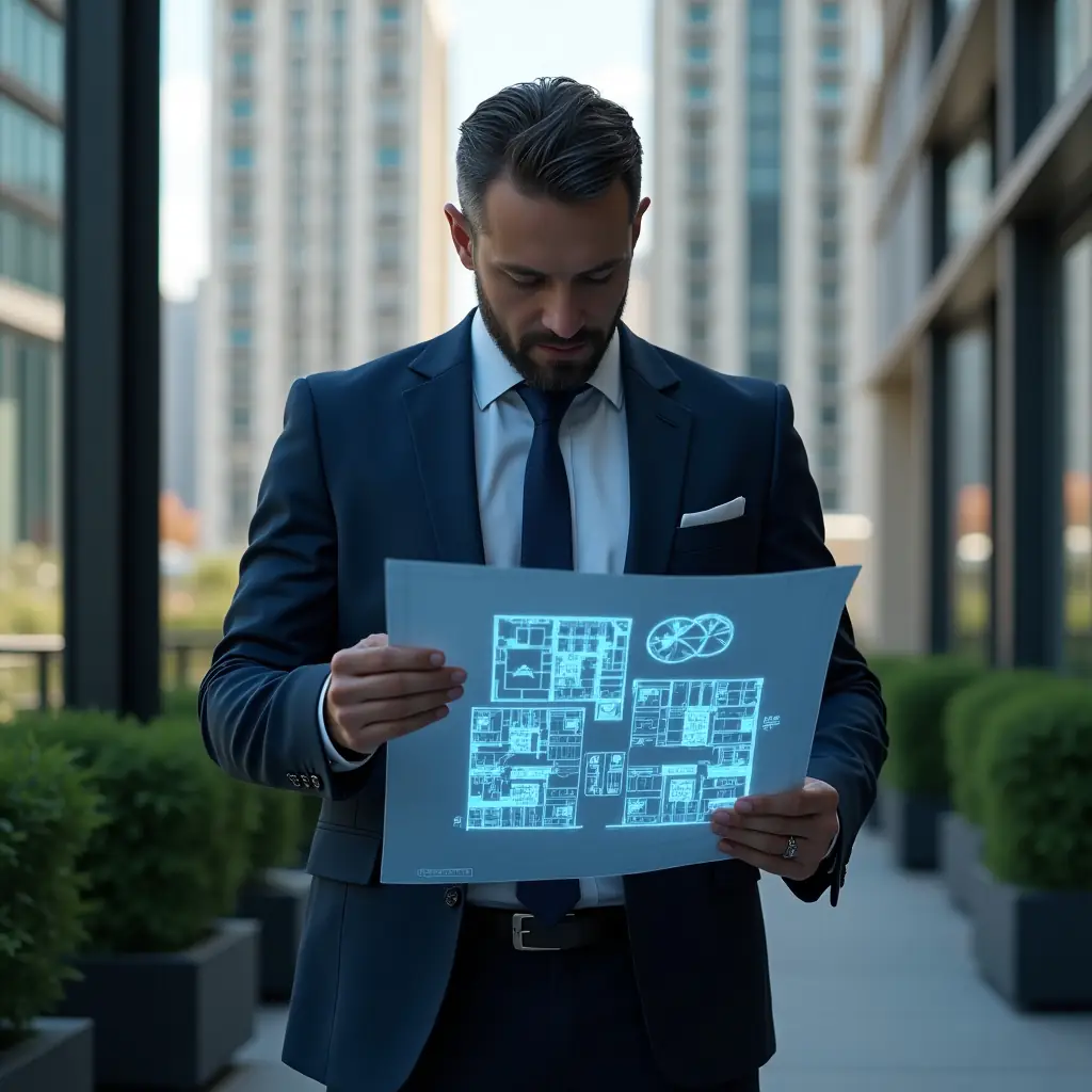 (Ultra-realistic condominium manager in a dark blue tailored suit, set in a modern luxury condominium environment with high-rise buildings and green landscaping, examining a holographic blueprint of unit floor plans with floating pie charts and fraction symbols, focused and confident, cinematic lighting, shallow depth of field, highly detailed textures, realistic skin, photographic realism, 8k resolution --ar 1:1 --v 6)
