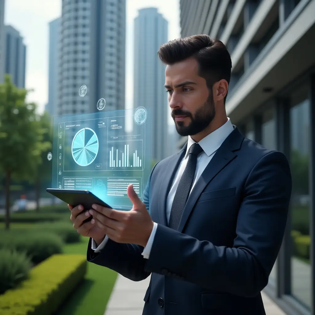 (Ultra-realistic condominium manager in a tailored navy suit, set in a modern luxury condominium environment with high-rise buildings and manicured green landscaping, medium shot showing the professional tapping on a transparent tablet displaying a glowing holographic pie chart and bar graph, conveying confidence and focus, symbolic icons of coins and budget sheets floating around, cinematic lighting, shallow depth of field, highly detailed textures, realistic skin, photographic realism, 8k resolution --ar 1:1 --v 6)