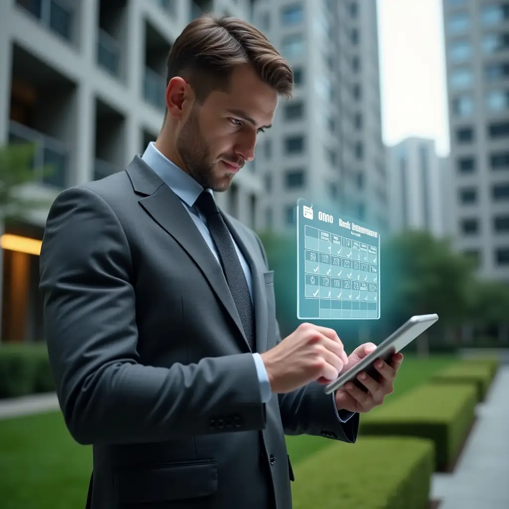 (Ultra-realistic condominium manager in a charcoal gray suit, set in a modern luxury condominium environment with high-rise buildings and manicured green landscaping, medium shot of the manager holding a tablet with a holographic annual calendar projected above the device, reviewing schedules for cleaning, inspections and meetings, holographic calendar icon with checkmarks, confident and focused expression, cinematic lighting, shallow depth of field, highly detailed textures, realistic skin, photographic realism, 8k resolution --ar 1:1 --v 6)
