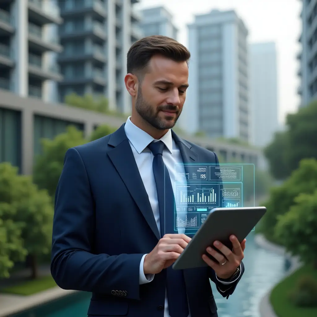 (Ultra-realistic condominium manager in a navy executive suit, set in a modern luxury condominium environment with high-rise buildings and lush green landscaping, holding a tablet displaying holographic app icons and performance charts, confidently analyzing a digital dashboard, cinematic lighting, shallow depth of field, highly detailed textures, realistic skin, photographic realism, 8k resolution --ar 1:1 --v 6)