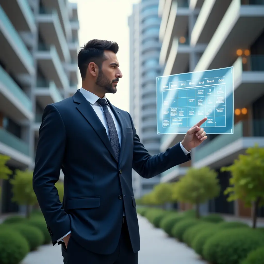 Ultra-realistic condominium manager in a navy suit, set in a modern luxury condominium environment with high-rise buildings and green landscaping, medium shot of a confident manager pointing at a floating holographic activity schedule calendar with icons for maintenance, events and tasks, cinematic lighting, shallow depth of field, highly detailed textures, realistic skin, photographic realism, 8k resolution --ar 1:1 --v 6