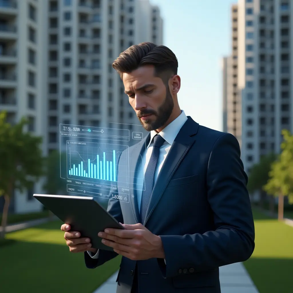 (Ultra-realistic condominium manager in a navy tailored suit, set in a modern luxury condominium environment with high-rise buildings and manicured green landscaping, reviewing a digital tablet with animated cost-saving charts and maintenance schedules projected as holograms, confident and focused expression, cinematic lighting, shallow depth of field, highly detailed textures, realistic skin, photographic realism, 8k resolution --ar 1:1 --v 6)