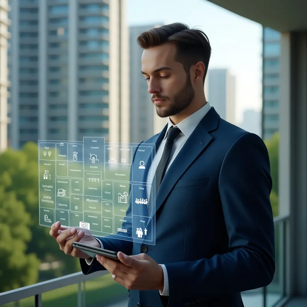 Ultra-realistic condominium manager in a navy executive suit, set in a modern luxury condominium environment with high-rise buildings and lush green landscaping, reviewing a holographic activity calendar displaying icons for maintenance, cleaning, and meetings, projecting confidence and efficiency, cinematic lighting, shallow depth of field, highly detailed textures, realistic skin, photographic realism, 8k resolution --ar 1:1 --v 6