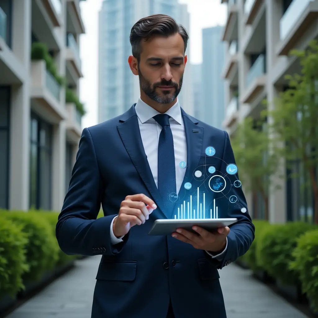 Ultra-realistic condominium manager in a navy blue tailored suit, set in a modern luxury condominium environment with high-rise buildings and lush green landscaping, confidently holding a digital tablet displaying holographic financial charts and graphs, surrounded by floating icons of coins and bar graphs, cinematic lighting, shallow depth of field, highly detailed textures, realistic skin, photographic realism, 8k resolution --ar 1:1 --v 6