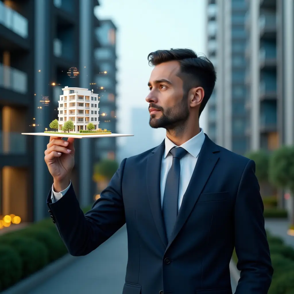 Ultra-realistic condominium manager in a dark blue tailored suit, set in a modern luxury condominium environment with high-rise buildings and green landscaping, analyzing a floating 3D holographic apartment model with highlighted percentage segments, holographic fractional percentage icon in the air, cinematic lighting, shallow depth of field, highly detailed textures, realistic skin, photographic realism, 8k resolution --ar 1:1 --v 6