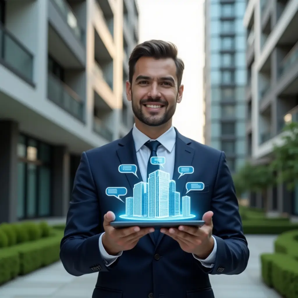 (Ultra-realistic condominium manager in a tailored navy suit, set in a modern luxury condominium environment with high-rise buildings and manicured green landscaping, holding a digital tablet displaying holographic building icons and chat bubbles to illustrate online property management, confident expression, cinematic lighting, shallow depth of field, highly detailed textures, realistic skin, photographic realism, 8k resolution --ar 1:1 --v 6)