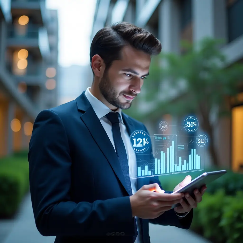 Ultra-realistic condominium manager in a tailored dark blue suit, set in a modern luxury condominium environment with high-rise buildings and lush green landscaping, analyzing holographic financial charts projected from a tablet, glowing metric icons and bar graphs floating around, focused and confident expression, cinematic lighting, shallow depth of field, highly detailed textures, realistic skin, photographic realism, 8k resolution --ar 1:1 --v 6