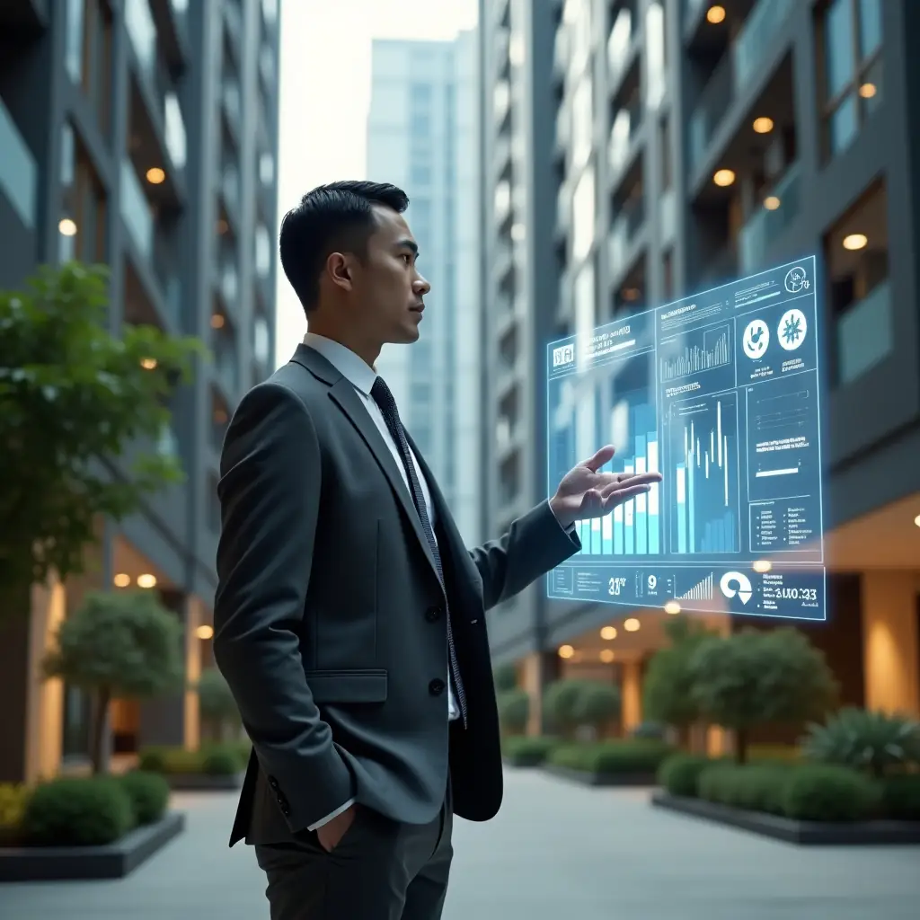 Ultra-realistic condominium manager in a charcoal gray tailored suit, set in a modern luxury condominium environment with high-rise buildings and lush green landscaping, standing in a sleek lobby space, confidently analyzing a holographic dashboard of performance indicators with floating charts and graphs, cinematic lighting, shallow depth of field, highly detailed textures, realistic skin, photographic realism, 8k resolution --ar 1:1 --v 6