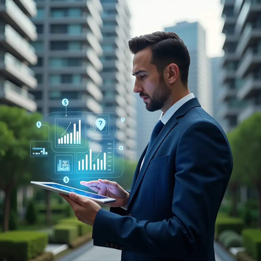 Ultra-realistic condominium manager in a navy blue executive suit, set in a modern luxury condominium environment with high-rise buildings and manicured green landscaping, analyzing holographic financial charts projected from a sleek tablet, surrounded by floating icons of graphs and currency symbols, cinematic lighting, shallow depth of field, highly detailed textures, realistic skin, photographic realism, 8k resolution --ar 1:1 --v 6