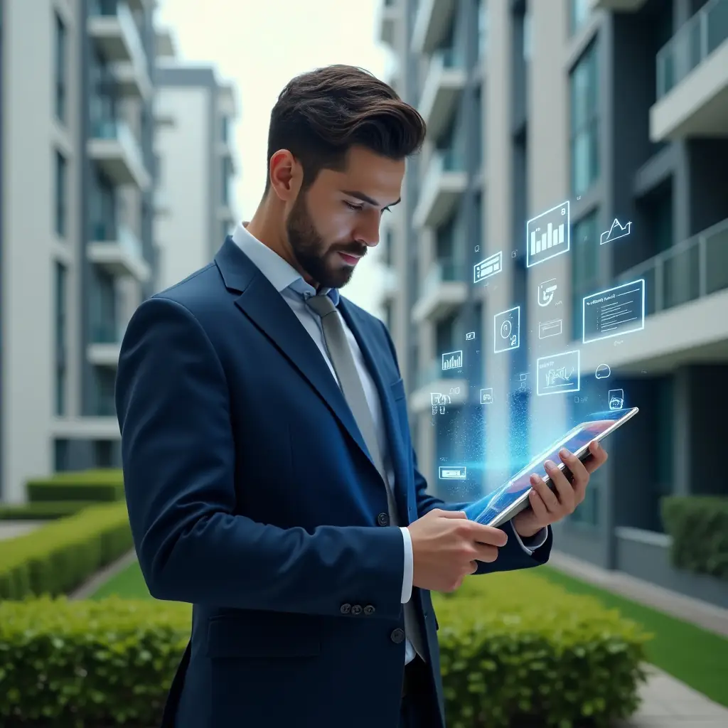 Ultra-realistic condominium manager in a navy blue suit, set in a modern luxury condominium environment with high-rise buildings and manicured green landscaping, holding a transparent digital tablet displaying holographic financial charts and reports, confidently analyzing data to symbolize financial transparency and trust, subtle condo icon holograms floating around, cinematic lighting, shallow depth of field, highly detailed textures, realistic skin, photographic realism, 8k resolution --ar 1:1 --v 6