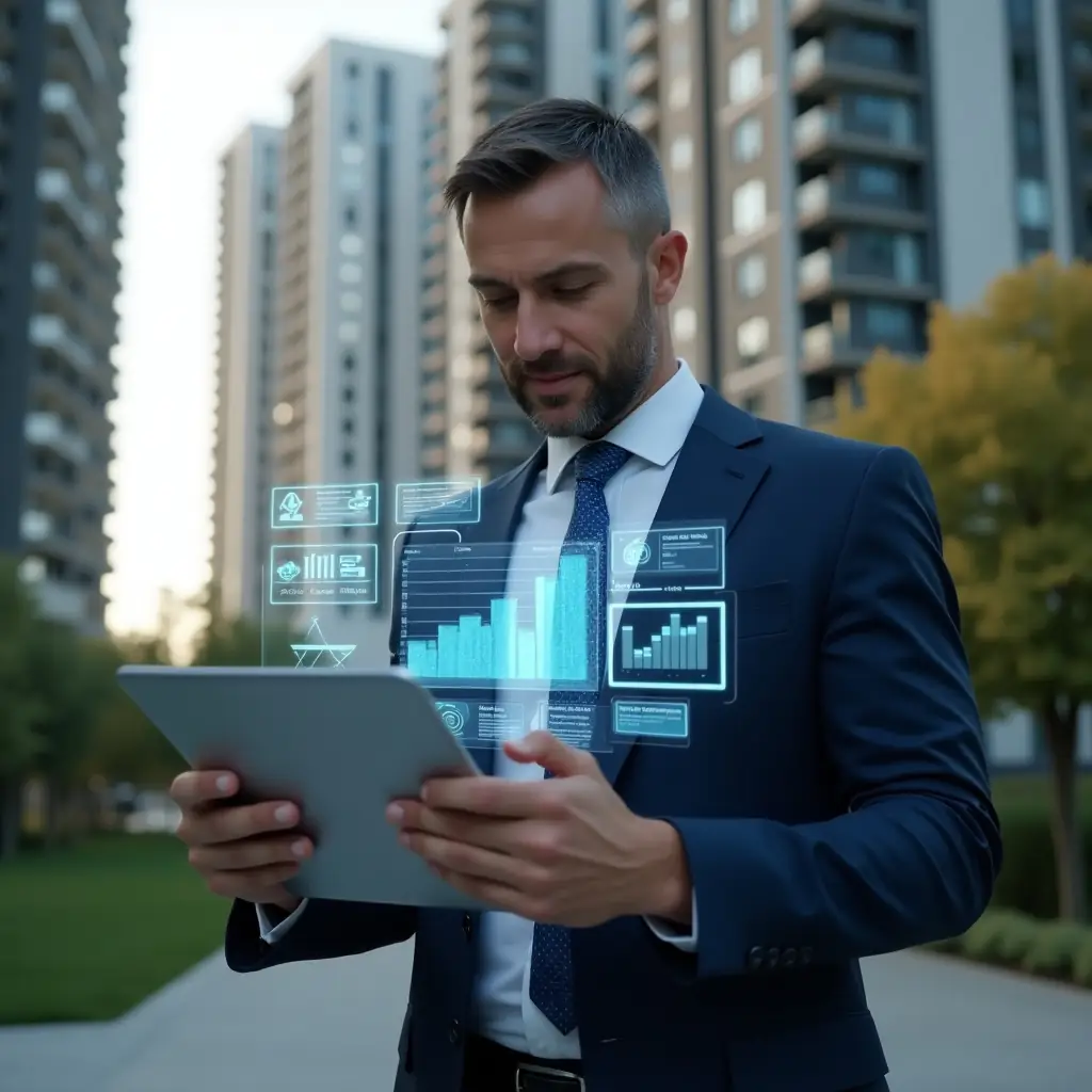 (Ultra-realistic property manager in a navy suit, set in a modern luxury condominium environment with high-rise buildings and green landscaping, confidently reviewing a holographic financial report with floating charts and icons while holding a digital tablet, cinematic lighting, shallow depth of field, highly detailed textures, realistic skin, photographic realism, 8k resolution --ar 1:1 --v 6)