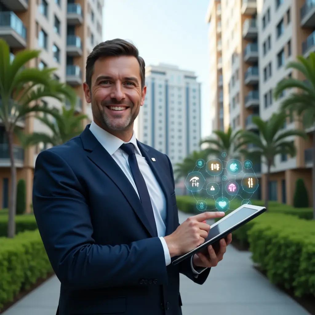 (Ultra-realistic condominium manager in a tailored navy suit, set in a modern luxury condominium environment with high-rise buildings and meticulously landscaped green areas, mid shot of the manager holding a digital tablet and pointing at holographic community icons representing neighborly harmony, friendly and confident expression, cinematic lighting, shallow depth of field, highly detailed textures, realistic skin, photographic realism, 8k resolution --ar 1:1 --v 6)