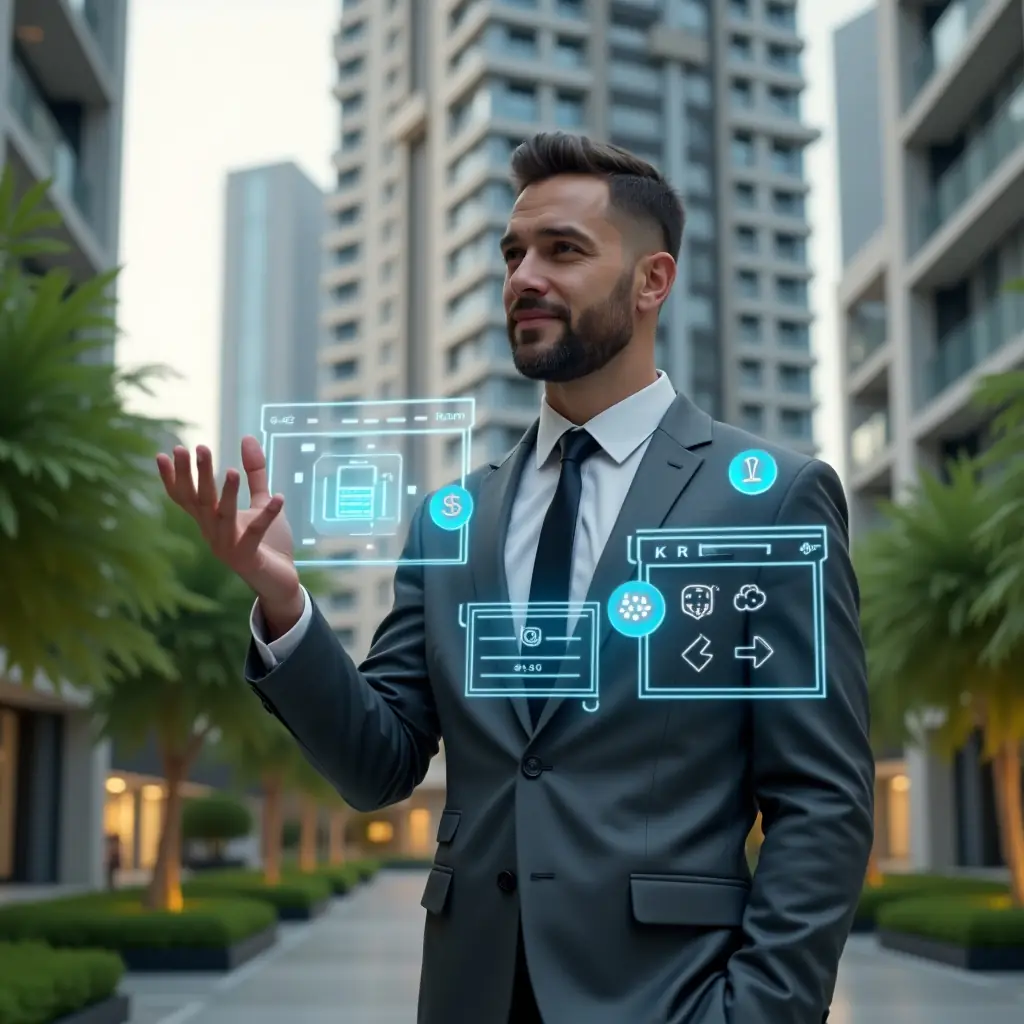 Ultra-realistic condominium manager in a charcoal gray suit, set in a modern luxury condominium environment with high-rise buildings and lush green landscaping, interacting with a holographic interface displaying chat bubbles, a reservation calendar, and payment icons, confident expression, cinematic lighting, shallow depth of field, highly detailed textures, realistic skin, photographic realism, 8k resolution --ar 1:1 --v 6