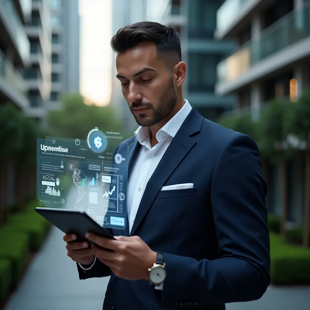 Ultra-realistic condominium manager in a navy executive suit, set in a modern luxury condominium environment with high-rise buildings and manicured greenery, holding a tablet displaying holographic financial charts and icons, analyzing budget reports with a confident, thoughtful expression, floating symbols of coins and graphs around, cinematic lighting, shallow depth of field, highly detailed textures, realistic skin, photographic realism, 8k resolution --ar 1:1 --v 6