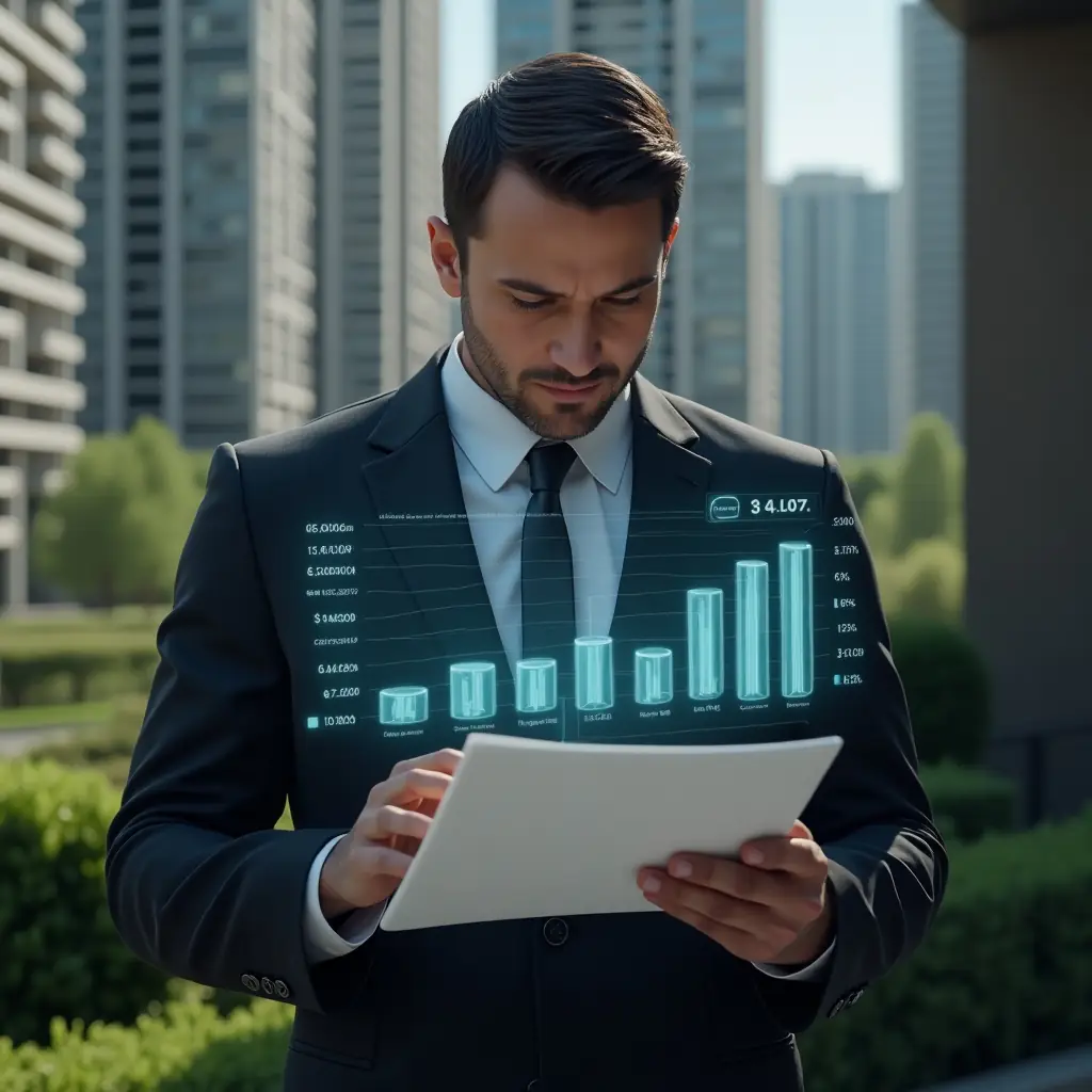 (Ultra-realistic condominium manager in a tailored dark suit, set in a modern luxury condominium environment with high-rise buildings and lush green landscaping, examining a holographic financial report with glowing bar charts and audit icons, confident and focused expression, cinematic lighting, shallow depth of field, highly detailed textures, realistic skin, photographic realism, 8k resolution --ar 1:1 --v 6)