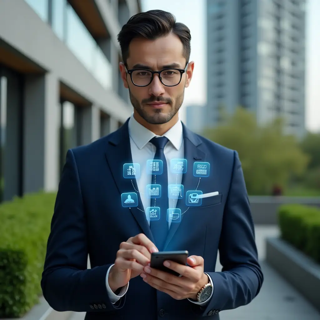 Ultra-realistic condominium manager in a navy blue tailored suit, set in a modern luxury condominium environment with high-rise buildings and lush green landscaping, holding a smartphone projecting holographic icons of financial charts, chat bubbles, reservation calendars and a security shield, confident expression, cinematic lighting, shallow depth of field, highly detailed textures, realistic skin, photographic realism, 8k resolution --ar 1:1 --v 6