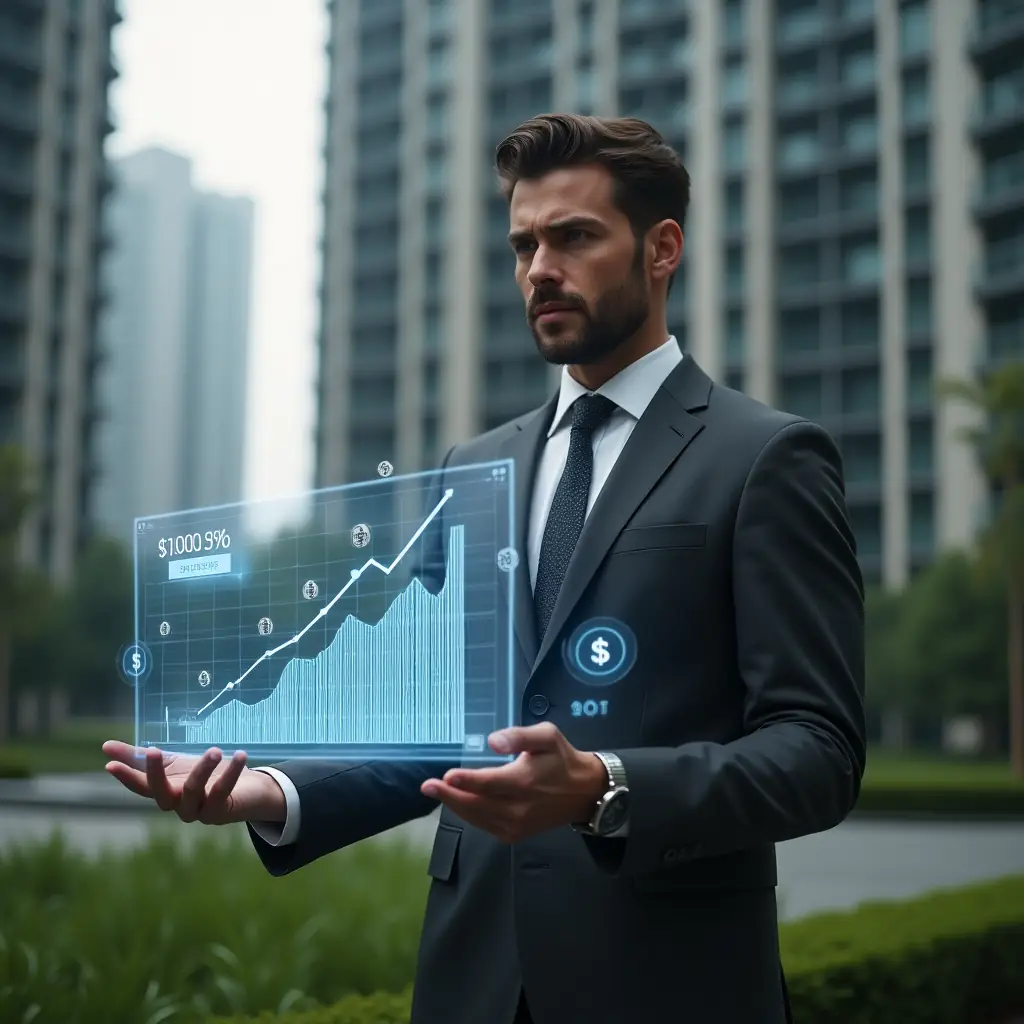 Ultra-realistic condominium manager in a dark gray executive suit, set in a modern luxury condominium environment with high-rise buildings and green landscaping, holding and analyzing a floating holographic financial chart showing cost reductions, surrounded by subtle holographic icons of coins and gears representing expense optimization, confident expression, cinematic lighting, shallow depth of field, highly detailed textures, realistic skin, photographic realism, 8k resolution --ar 1:1 --v 6