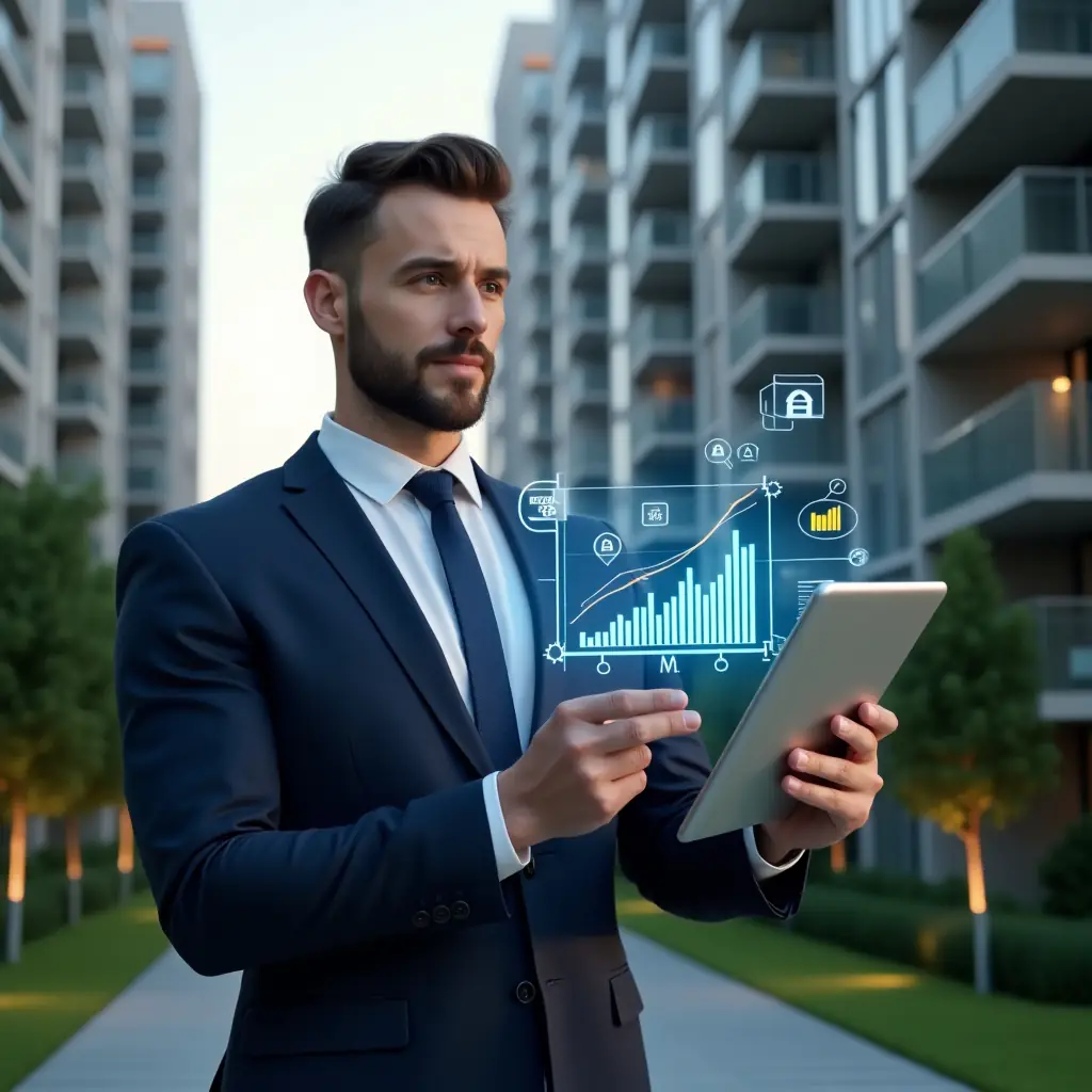 Ultra-realistic condominium manager in a navy suit, set in a modern luxury condominium environment with high-rise buildings and well-manicured green landscaping, holding a digital tablet displaying a holographic budget chart, confidently analyzing expense forecasts, floating financial graphs and icons symbolizing cost control, cinematic lighting, shallow depth of field, highly detailed textures, realistic skin, photographic realism, 8k resolution --ar 1:1 --v 6