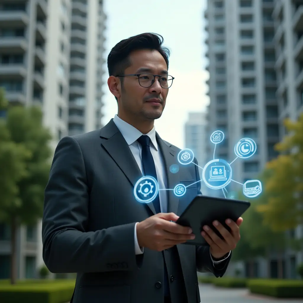 (Ultra-realistic condominium manager in a dark gray executive suit, set in a modern luxury condominium environment with high-rise buildings and manicured green landscaping, mid-shot holding a tablet displaying floating holographic icons for digital notices, financial reports, booking scheduler, maintenance tickets and access control, confident and focused expression, cinematic lighting, shallow depth of field, highly detailed textures, realistic skin, photographic realism, 8k resolution --ar 1:1 --v 6)