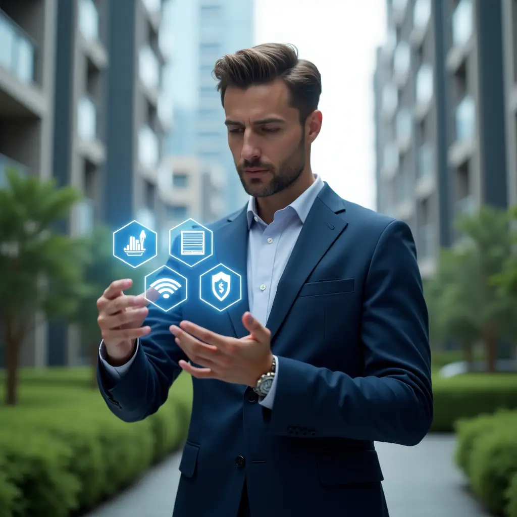 (Ultra-realistic condominium manager in a navy blue suit, set in a modern luxury condominium environment with high-rise buildings and lush green landscaping, medium shot of the manager interacting with a floating holographic interface showing icons for communication, finance, reservations and security, confident and focused expression, cinematic lighting, shallow depth of field, highly detailed textures, realistic skin, photographic realism, 8k resolution --ar 1:1 --v 6)
