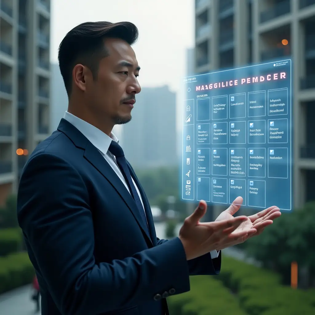(Ultra-realistic condominium manager in a dark blue executive suit, set in a modern luxury condominium environment with high-rise buildings and lush green landscaping, reviewing a floating holographic calendar of scheduled tasks with check marks and icons for maintenance, cleaning, and administrative alerts, confident and focused expression, cinematic lighting, shallow depth of field, highly detailed textures, realistic skin, photographic realism, 8k resolution --ar 1:1 --v 6)