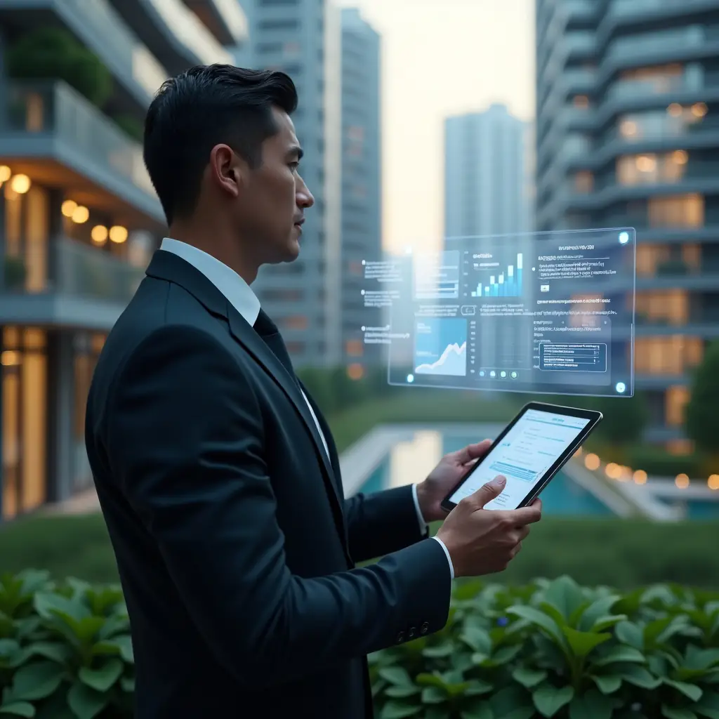 (Ultra-realistic condominium manager in a dark charcoal suit, set in a modern luxury condominium environment with high-rise buildings and lush green landscaping, examining a floating holographic interface displaying financial graphs, chat bubbles, and security icons, confident expression, cinematic lighting, shallow depth of field, highly detailed textures, realistic skin, photographic realism, 8k resolution --ar 1:1 --v 6)