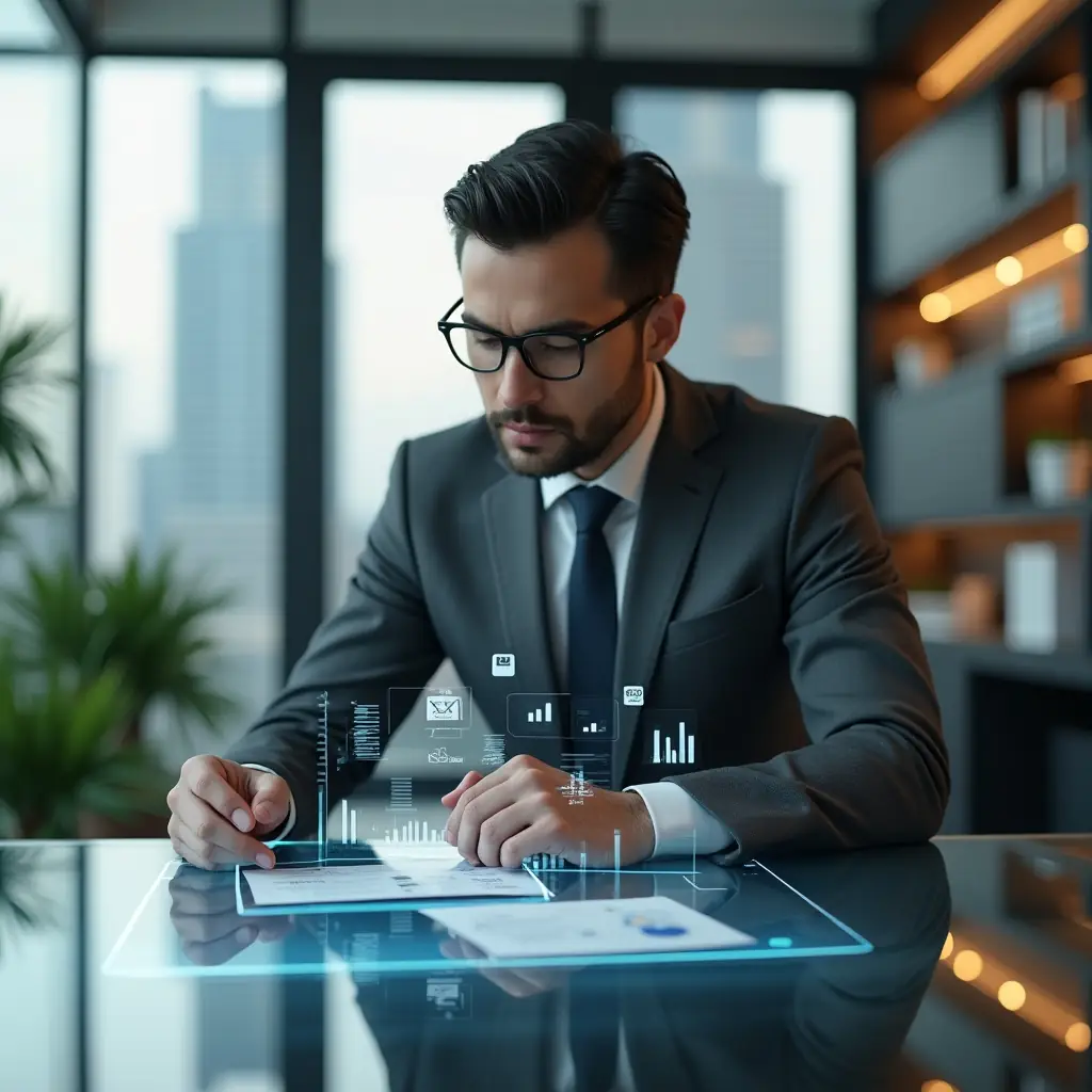 Ultra-realistic condominium manager in a charcoal gray suit, set in a modern luxury condominium environment with high-rise buildings and manicured gardens, leaning over a sleek glass desk analyzing floating holographic financial indicators and charts, confident and thoughtful expression, subtle floating icons of receipts, budget sheets, and bar graphs around him, cinematic lighting, shallow depth of field, highly detailed textures, realistic skin, photographic realism, 8k resolution --ar 1:1 --v 6
