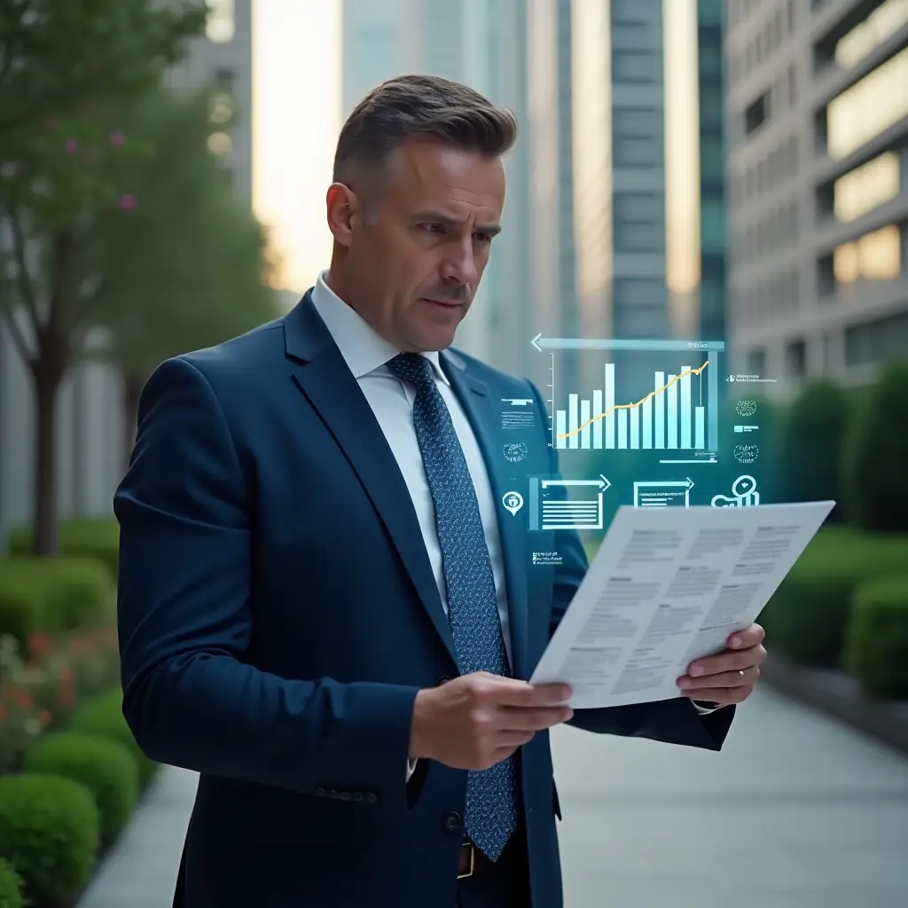 Ultra-realistic professional condo manager in a navy suit, set in a modern luxury condominium environment with high-rise buildings and manicured green landscaping, holding and examining a transparent holographic financial report with floating charts and graphs symbolizing clarity and trust, confident and focused expression, cinematic lighting, shallow depth of field, highly detailed textures, realistic skin, photographic realism, 8k resolution --ar 1:1 --v 6