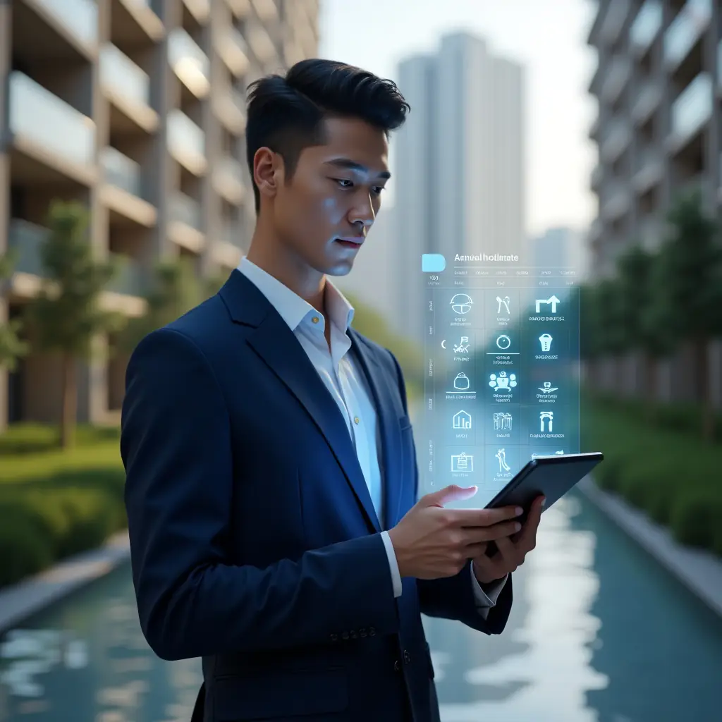 Ultra-realistic condominium manager in a navy blue executive suit, set in a modern luxury condominium environment with high-rise buildings and meticulously landscaped gardens, standing in a medium close-up pose while interacting with a holographic annual calendar checklist projected from a tablet, symbols of maintenance tools and event icons floating around, confident and focused expression, cinematic lighting, shallow depth of field, highly detailed textures, realistic skin, photographic realism, 8k resolution --ar 1:1 --v 6