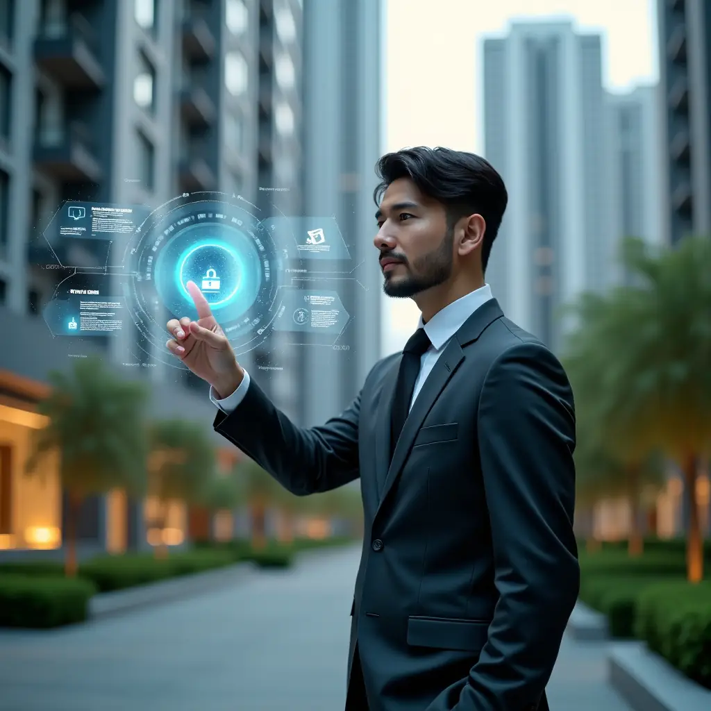 Ultra-realistic condominium manager in a dark gray suit, set in a modern luxury condominium environment with high-rise buildings and lush green landscaping, confidently interacting with a floating holographic dashboard displaying notifications, task lists and analytics, digital icons representing communication and security swirling around their hand, cinematic lighting, shallow depth of field, highly detailed textures, realistic skin, photographic realism, 8k resolution --ar 1:1 --v 6