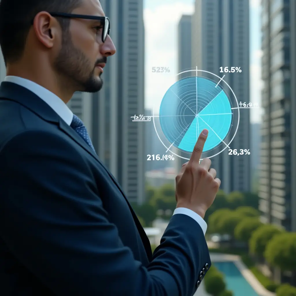 (Ultra-realistic condominium manager in a navy suit, set in a modern luxury condominium environment with high-rise buildings and green landscaping, medium close-up shot, pointing at a holographic pie chart illustrating unit share fractions, floating percentage figures and fraction symbols around, focused and confident expression, cinematic lighting, shallow depth of field, highly detailed textures, realistic skin, photographic realism, 8k resolution --ar 1:1 --v 6)