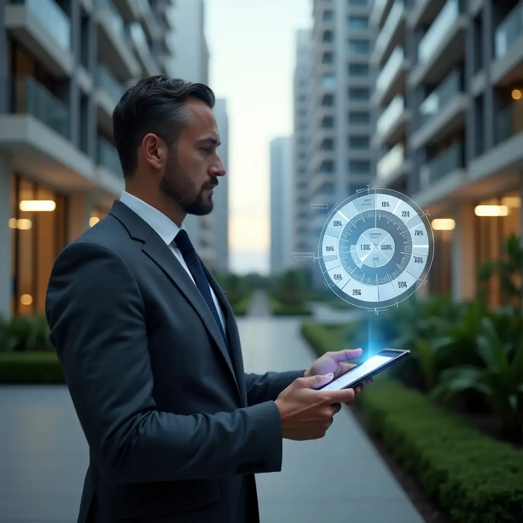 (Ultra-realistic property manager in a charcoal gray suit, set in a modern luxury condominium environment with high-rise buildings and manicured green landscaping, analyzing a holographic pie chart of unit percentages projected from a tablet, with floating blueprint icons and legal scale symbol overhead, cinematic lighting, shallow depth of field, highly detailed textures, realistic skin, photographic realism, 8k resolution --ar 1:1 --v 6)