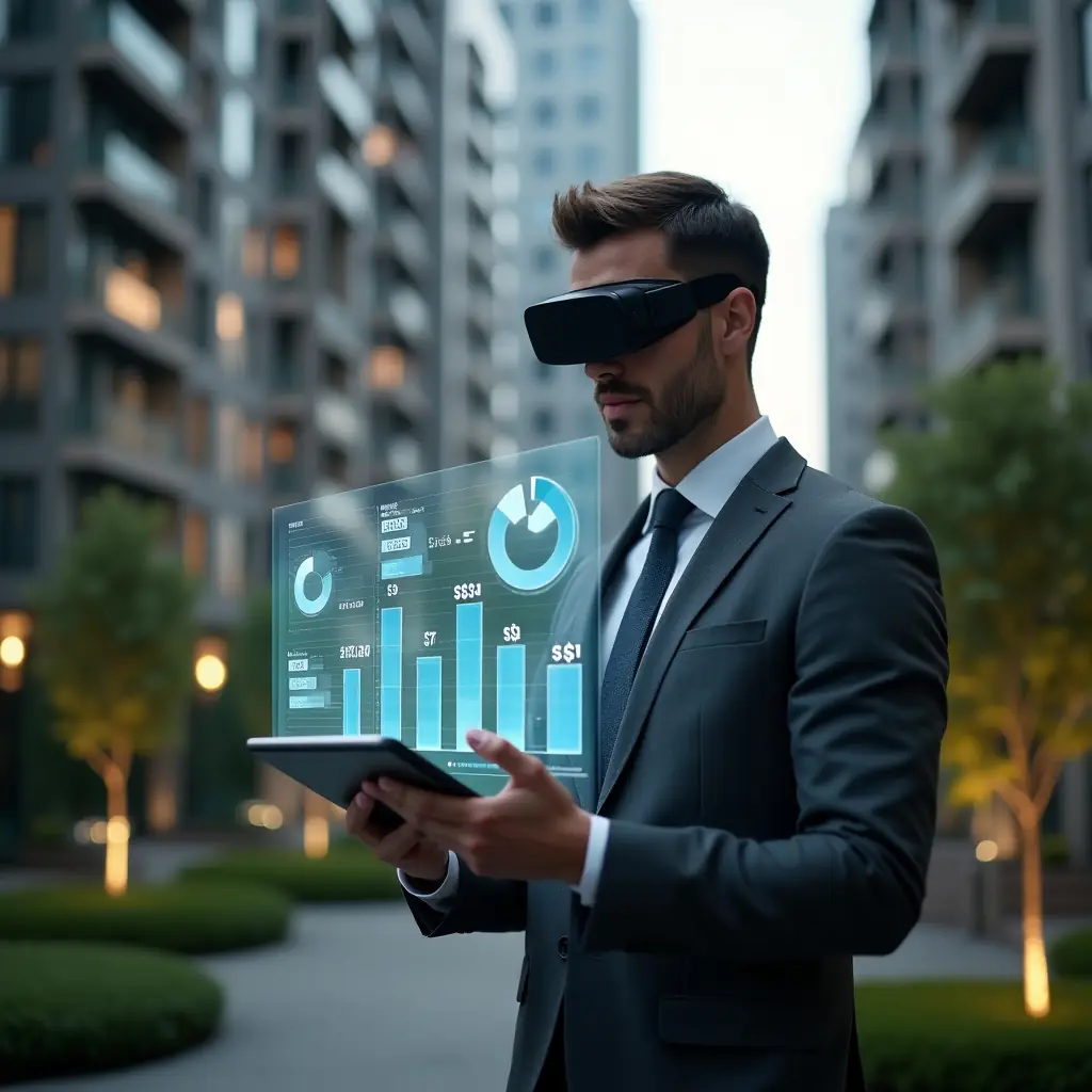 Ultra-realistic condominium manager in a dark gray tailored suit, set in a modern luxury condominium environment with high-rise buildings and manicured green landscaping, reviewing a floating holographic budget chart with thoughtful confidence, holding a tablet displaying expense breakdowns, symbolic glowing pie charts and dollar icons around, cinematic lighting, shallow depth of field, highly detailed textures, realistic skin, photographic realism, 8k resolution --ar 1:1 --v 6