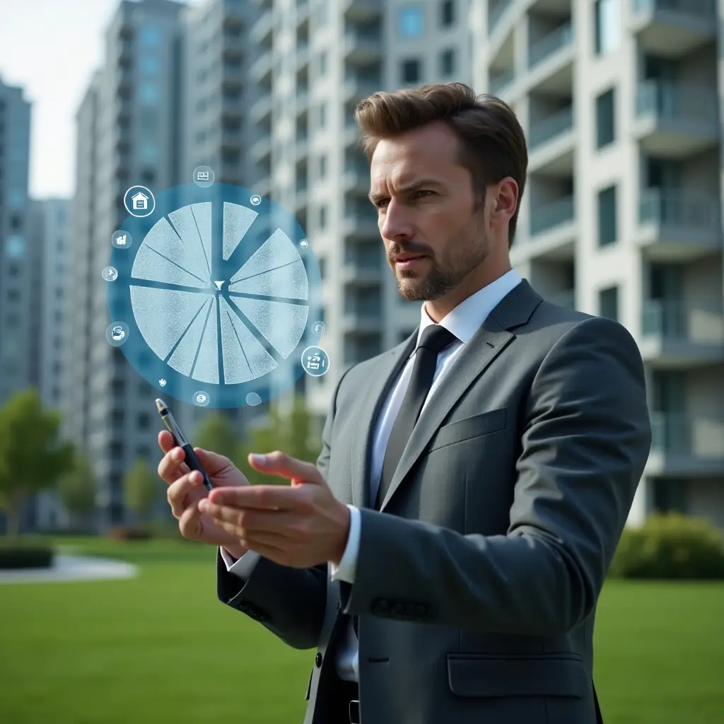 (Ultra-realistic condominium manager in a charcoal gray suit, set in a modern luxury condominium environment with high-rise buildings and manicured green lawns, examining a floating holographic pie-chart of unit fractions with a stylus in hand, confident and focused expression, holographic icons of scale and calculator symbols swirling around, cinematic lighting, shallow depth of field, highly detailed textures, realistic skin, photographic realism, 8k resolution --ar 1:1 --v 6)