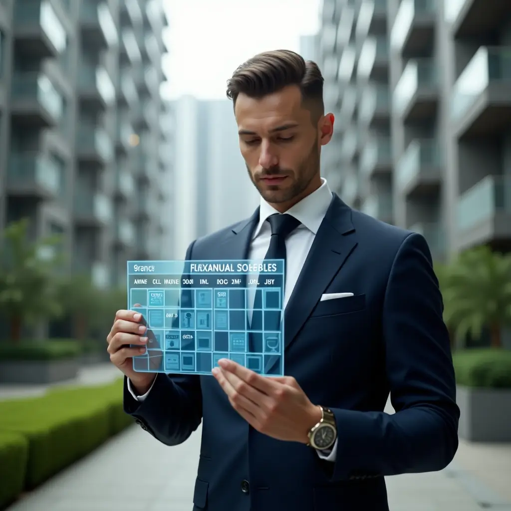 (Ultra-realistic condominium manager in a tailored navy suit, set in a modern luxury condominium environment with high-rise buildings and manicured green landscaping, holding and reviewing a floating holographic annual schedule calendar with icons for repairs, cleaning, and meetings, confident and focused expression, cinematic lighting, shallow depth of field, highly detailed textures, realistic skin, photographic realism, 8k resolution --ar 1:1 --v 6)