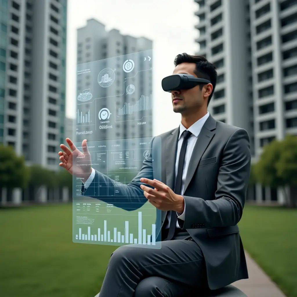 (Ultra-realistic condominium manager in a charcoal gray suit, set in a modern luxury condominium environment with high-rise buildings and manicured green lawns, holding a transparent holographic financial report with clear charts and tables, examining data with a confident, focused expression, floating icons of coins and graphs symbolizing transparency and organization, cinematic lighting, shallow depth of field, highly detailed textures, realistic skin, photographic realism, 8k resolution --ar 1:1 --v 6)