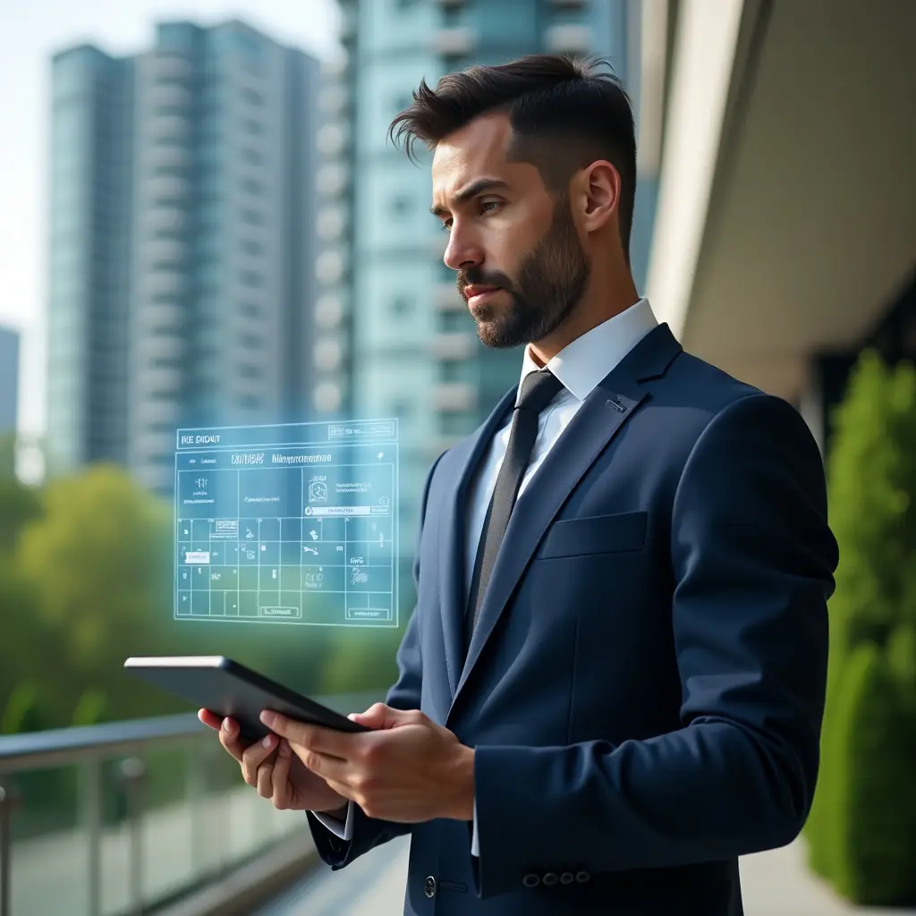 (Ultra-realistic condominium manager in a navy executive suit, set in a modern luxury condominium environment with high-rise buildings and lush green landscaping, holding a tablet displaying a floating holographic maintenance calendar with tool and clock icons, focused and confident expression, cinematic lighting, shallow depth of field, highly detailed textures, realistic skin, photographic realism, 8k resolution --ar 1:1 --v 6)