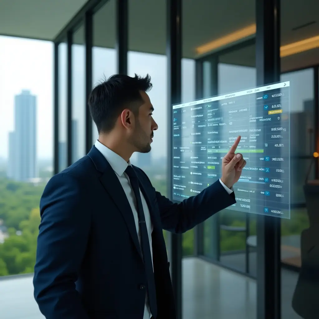(Ultra-realistic professional condominium manager in a tailored navy suit, set in a modern luxury condominium environment with high-rise buildings and lush green landscaping visible through glass walls, confidently pointing at a holographic maintenance schedule calendar displaying tasks and deadlines with floating icon markers and checklists, inspirational atmosphere, cinematic lighting, shallow depth of field, highly detailed textures, realistic skin, photographic realism, 8k resolution --ar 1:1 --v 6)