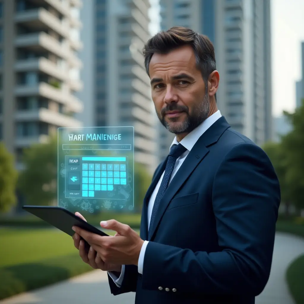 (Ultra-realistic condominium manager in a navy blue suit, set in a modern luxury condominium environment with high-rise buildings and lush green landscaping, holding a tablet projecting a holographic maintenance schedule calendar with wrench and gear icons, focused and confident expression, cinematic lighting, shallow depth of field, highly detailed textures, realistic skin, photographic realism, 8k resolution --ar 1:1 --v 6)