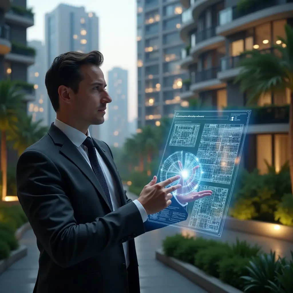 Ultra-realistic condominium manager in a dark gray tailored suit, set in a modern luxury condominium environment with high-rise buildings and meticulously landscaped greenery, examining a translucent holographic pie chart and architectural blueprint that illustrate unit fractional shares, thoughtful expression, cinematic lighting, shallow depth of field, highly detailed textures, realistic skin, photographic realism, 8k resolution --ar 1:1 --v 6