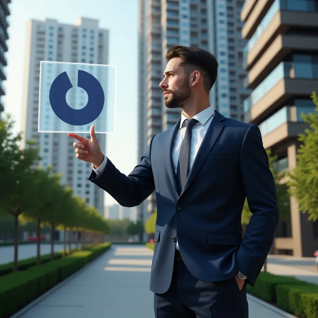 (Ultra-realistic condominium manager in a tailored navy suit, set in a modern luxury condominium environment with high-rise buildings and manicured green landscaping, standing in a medium shot while pointing at a floating holographic pie chart and floor-plan overlay illustrating fractional ownership, expression confident and analytical, cinematic lighting, shallow depth of field, highly detailed textures, realistic skin, photographic realism, 8k resolution --ar 1:1 --v 6)