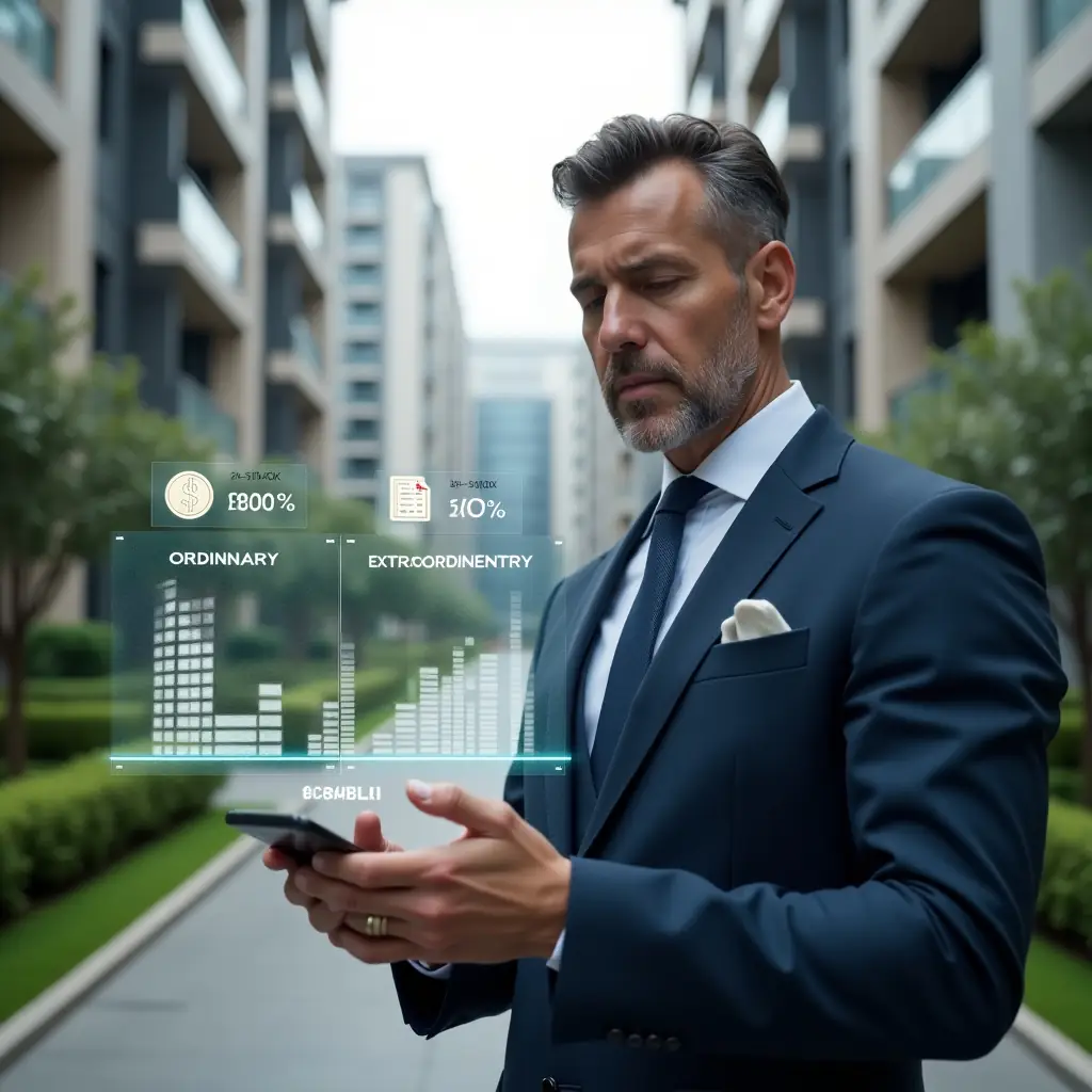 (Ultra-realistic condominium manager in a tailored navy suit, set in a modern luxury condominium environment with high-rise buildings and manicured green landscaping, reviewing a floating holographic budget breakdown showing “ordinary vs extraordinary expenses,” holographic icons of coins and spreadsheets orbiting around him, confident and thoughtful expression, cinematic lighting, shallow depth of field, highly detailed textures, realistic skin, photographic realism, 8k resolution --ar 1:1 --v 6)
