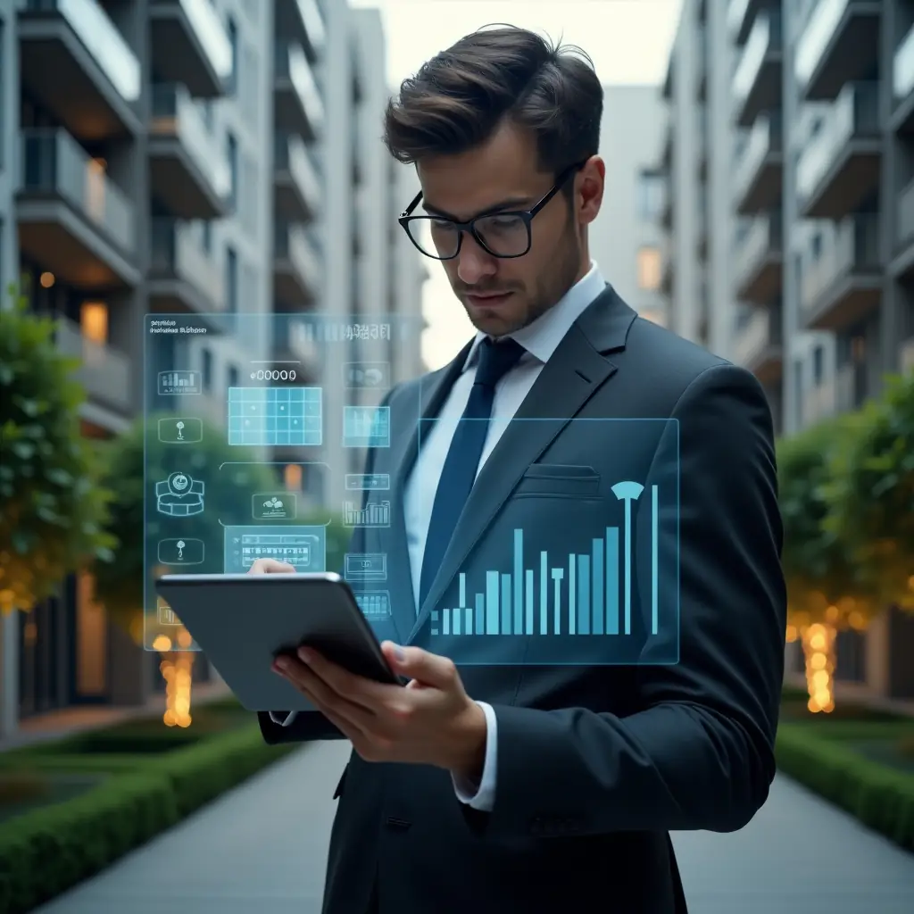 Ultra-realistic condominium manager in a charcoal gray executive suit, set in a modern luxury condominium environment with high-rise buildings and manicured gardens, examining a holographic financial report projected above a tablet, floating transparent balance sheets and pie charts symbolizing transparency, cinematic lighting, shallow depth of field, highly detailed textures, realistic skin, photographic realism, 8k resolution --ar 1:1 --v 6