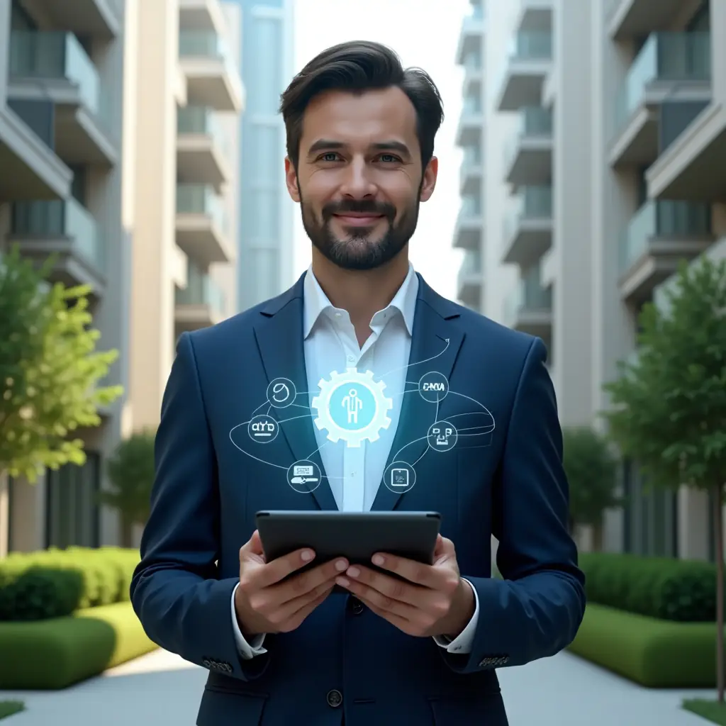 Ultra-realistic condominium manager in a tailored navy-blue suit and crisp white shirt, set in a modern luxury condominium environment with high-rise buildings and manicured green landscaping, mid-shot holding a tablet displaying a holographic **condominium management app** interface with floating icons of charts, checklists and gears, confident and focused expression, cinematic lighting, shallow depth of field, highly detailed textures, realistic skin, photographic realism, 8k resolution --ar 1:1 --v 6